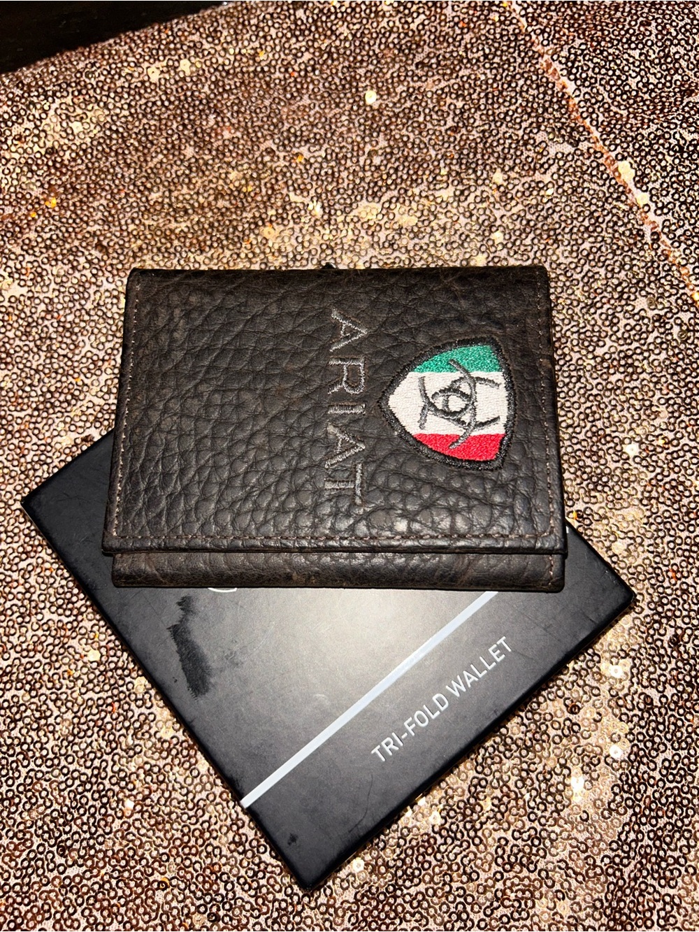 Ariat Dark Brown Leather Tri-Fold Wallet with Green White Red Shield Patch